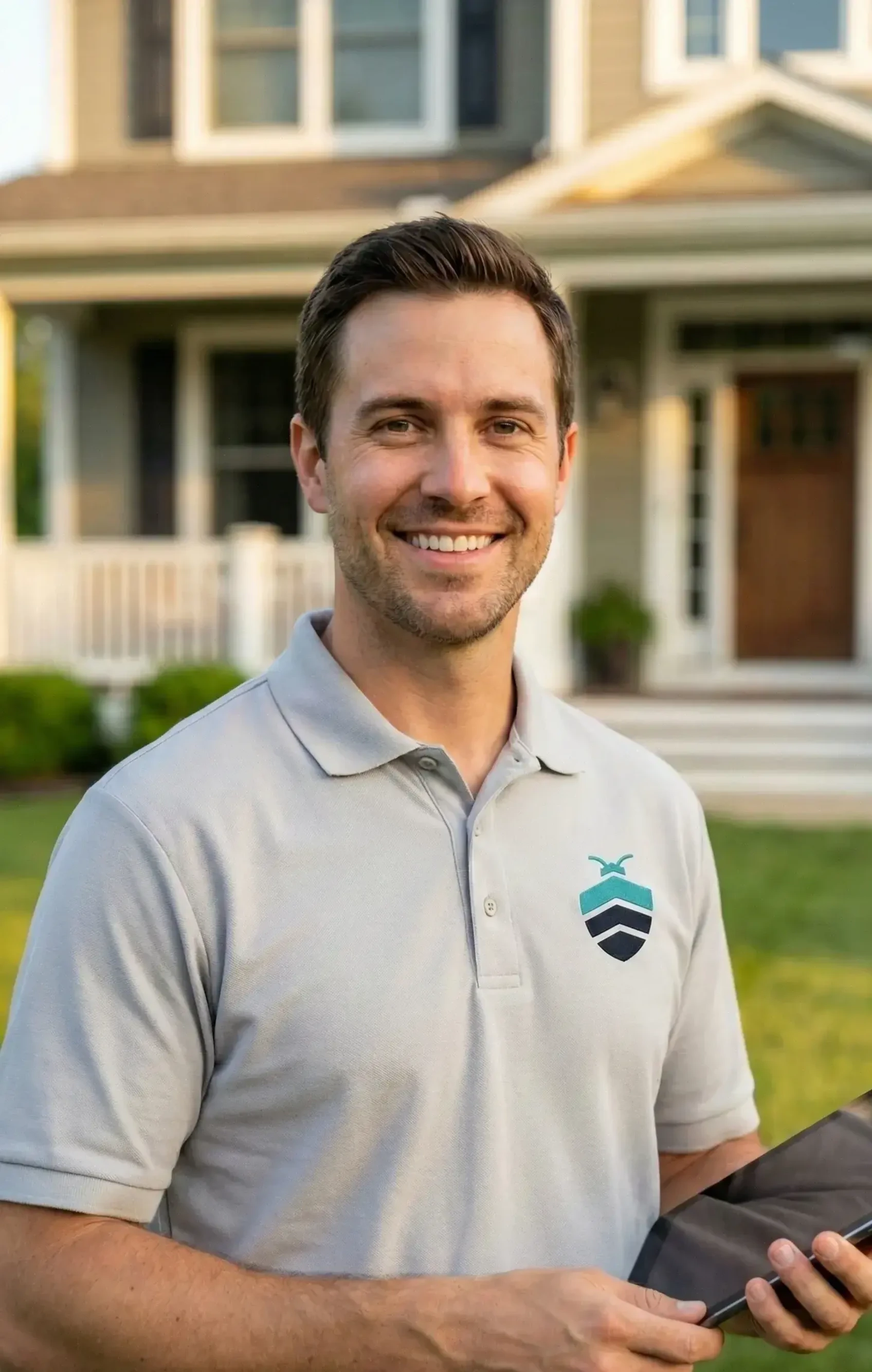 Defense Pest Control technician with tablet explaining service to homeowner